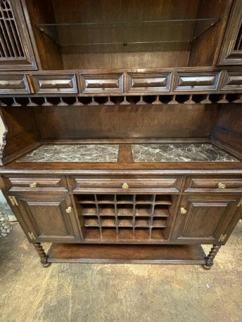 Dark Wood Carved Bar Hutch Cabinet with Wine & Stemware Storage - 9 Drawers And 4 Doors - Thumbnail 3
