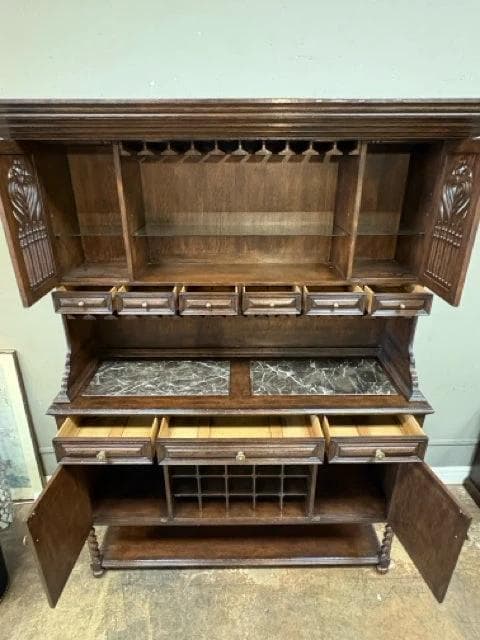 Dark Wood Carved Bar Hutch Cabinet with Wine & Stemware Storage - 9 Drawers And 4 Doors - Thumbnail 4