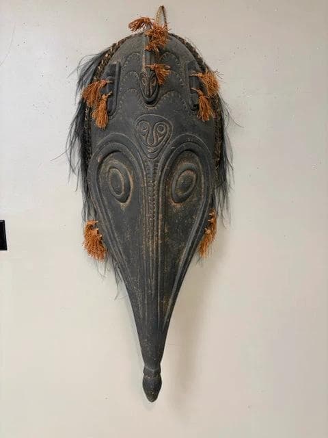 Antique Papua New Guinea Ceremonial Gable Wood Mask with Carousel Bird Feathers - Image 1