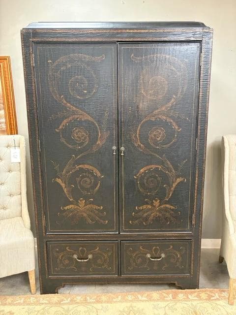 Drexel Heritage Lighted Crackled Black Wine/Bar Cabinet with 4 Drawers & 2 Doors - Image 1