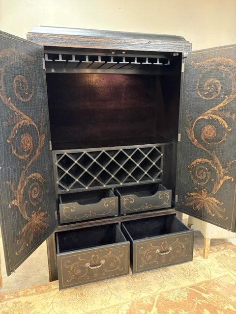 Drexel Heritage Lighted Crackled Black Wine/Bar Cabinet with 4 Drawers & 2 Doors - Thumbnail 2