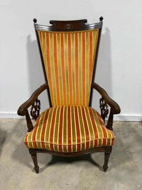 Antique Gold And Orange Striped Chair With Wooden Frame - Image 1