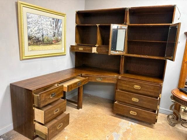 Bernhardt Campaign Style L-Shaped Desk With Hutch - Thumbnail 3