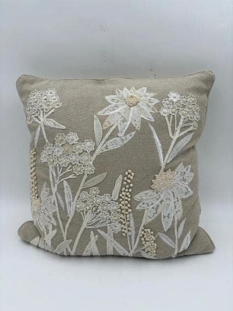 Beige And White Floral Pillow - Image 1