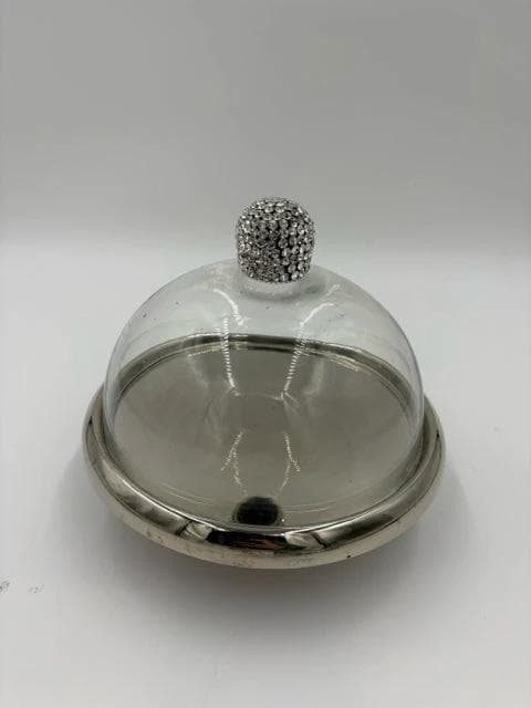 Medium Crystal Round Metal Tray With Rhinestone Cloche - Image 1