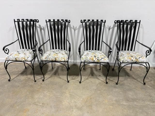 Set Of 4 Black Iron Base And Floral Seats Dining Chairs - Image 1