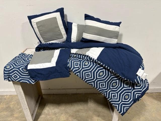 Full/Queen Navy, Grey And White Geometric Comforter Set - Image 1