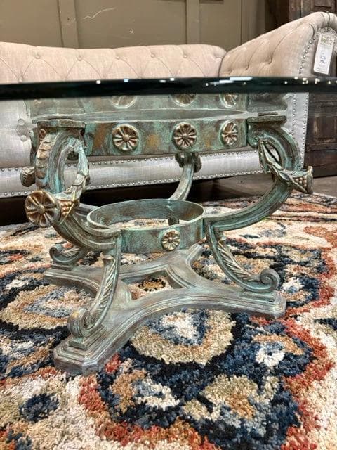 Round Beveled Glass Top Coffee Table With Ornate Iron Base - Thumbnail 2
