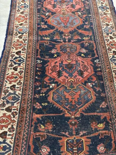 Vintage Handknotted Wool Runner Coral And Navy Floral Motiff - Thumbnail 2