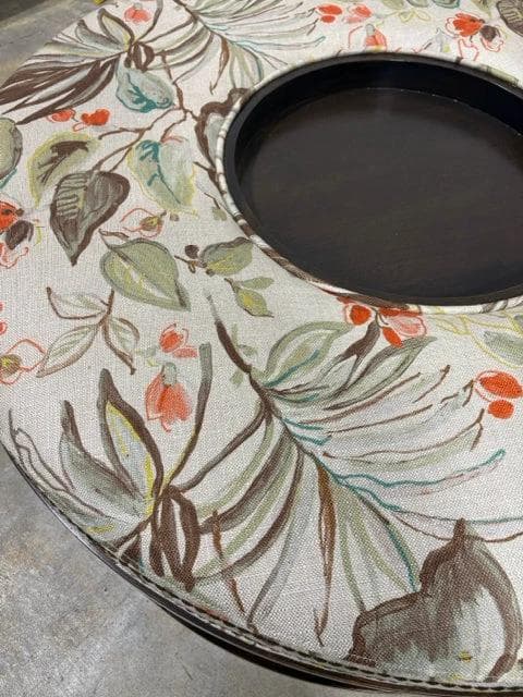 Custom Round Upholstered Ottoman With Wooden Base, Tray And Nailheads - Thumbnail 3