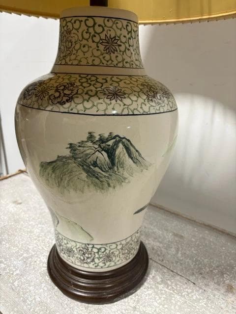 Asian Style Ceramic Lamp With Wooden Base And Pleated Shade - Thumbnail 3