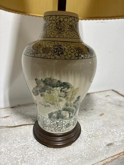 Asian Style Ceramic Lamp With Wooden Base And Pleated Shade - Thumbnail 2