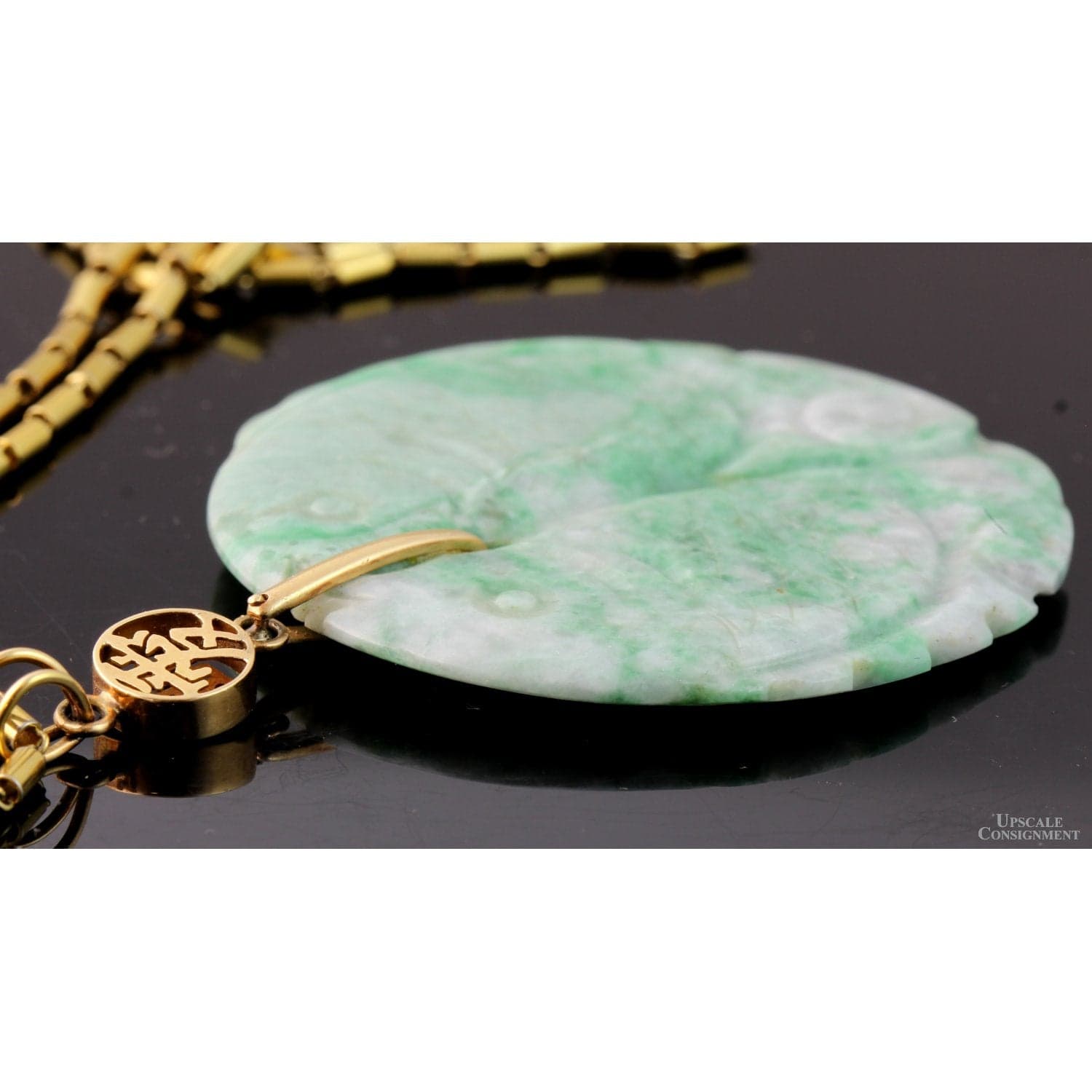 Vintage Jadeite Jade Double-Sided Fish Pendant 14K Gold Large Carved Disc 2.125” - 2.125" Diameter - Thumbnail 3