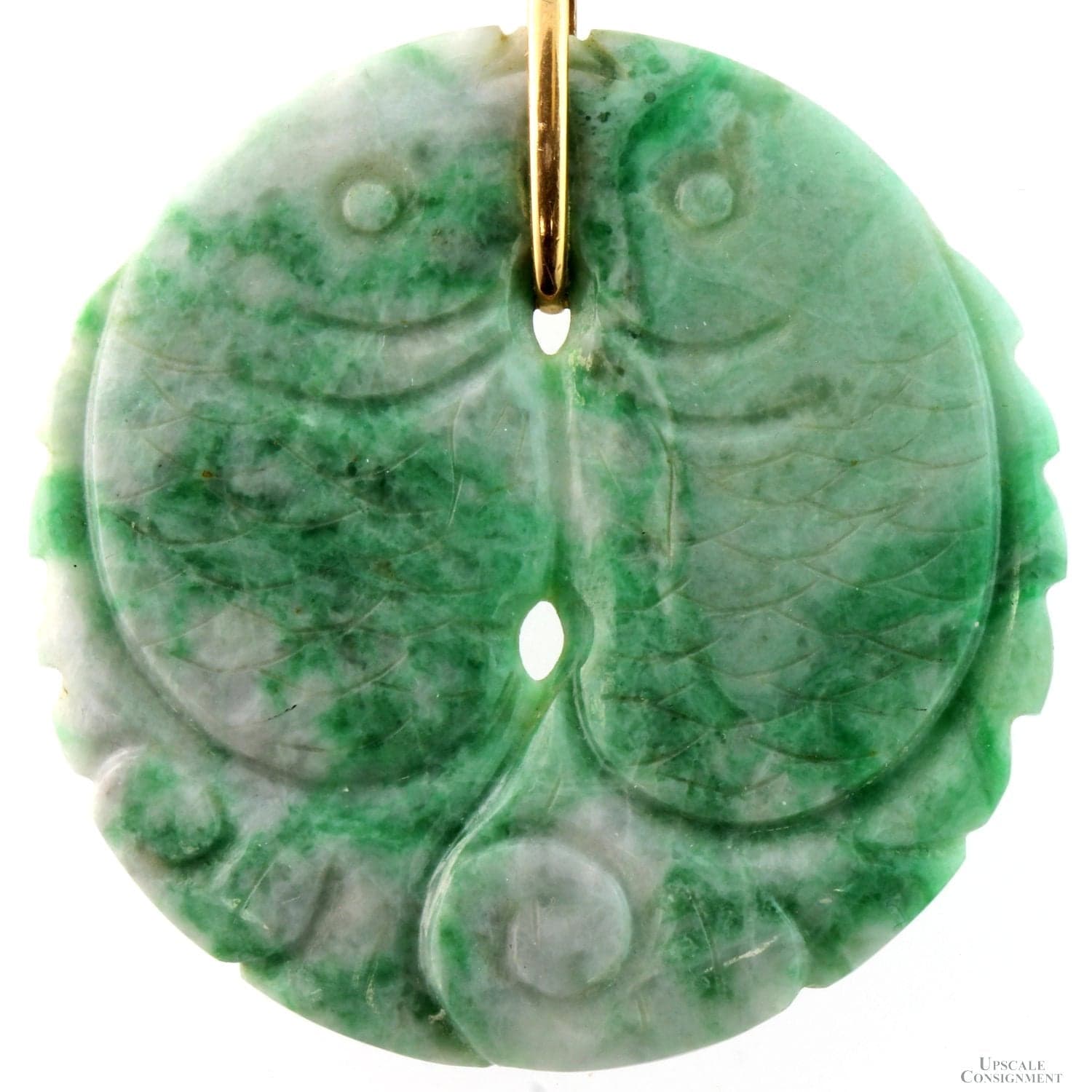 Vintage Jadeite Jade Double-Sided Fish Pendant 14K Gold Large Carved Disc 2.125” - 2.125" Diameter - Thumbnail 2