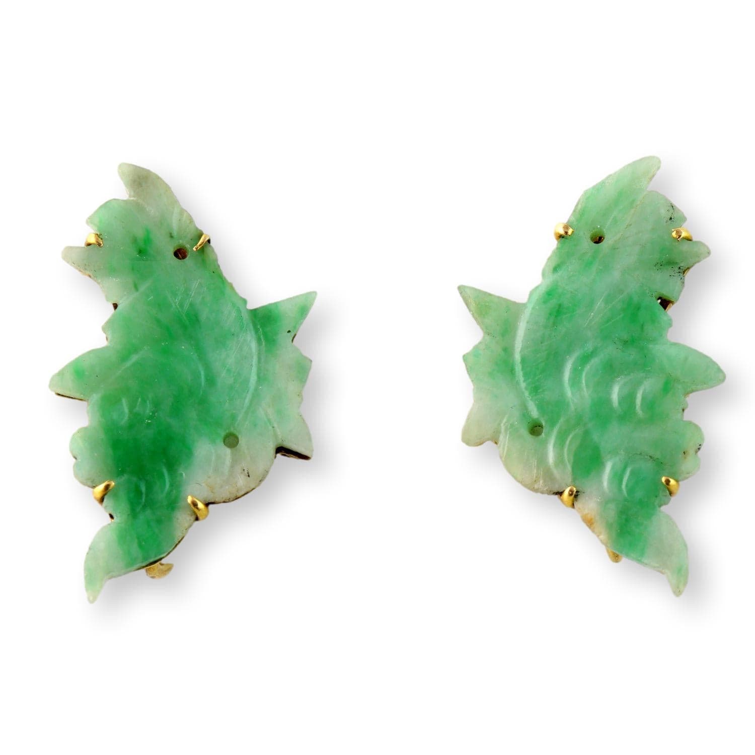 Vintage Carved Translucent Green White Jadeite Jade Fish Earrings|14K Gold Screwbacks - 1 inch - Image 1