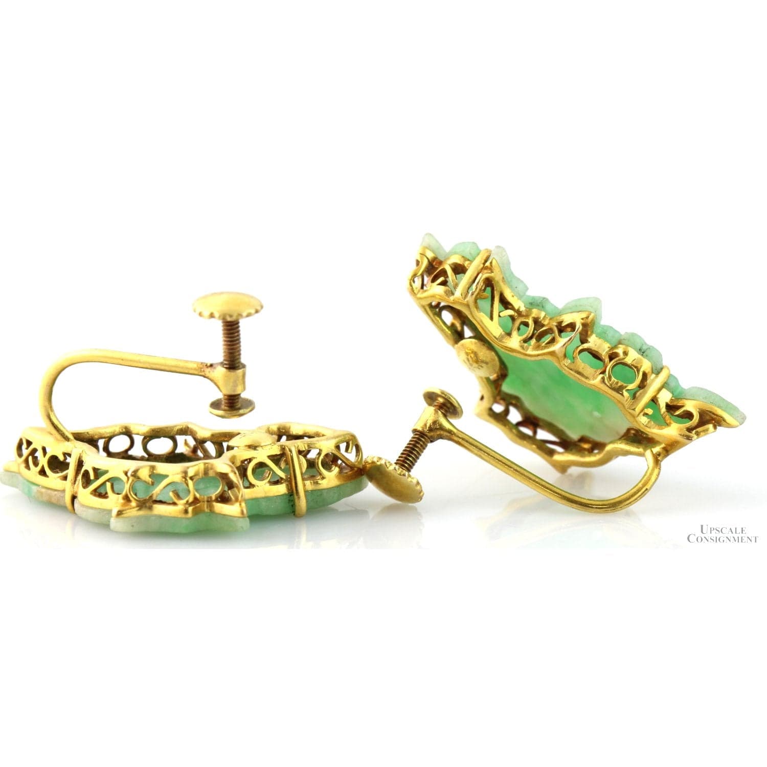 Vintage Carved Translucent Green White Jadeite Jade Fish Earrings|14K Gold Screwbacks - 1 inch - Thumbnail 3