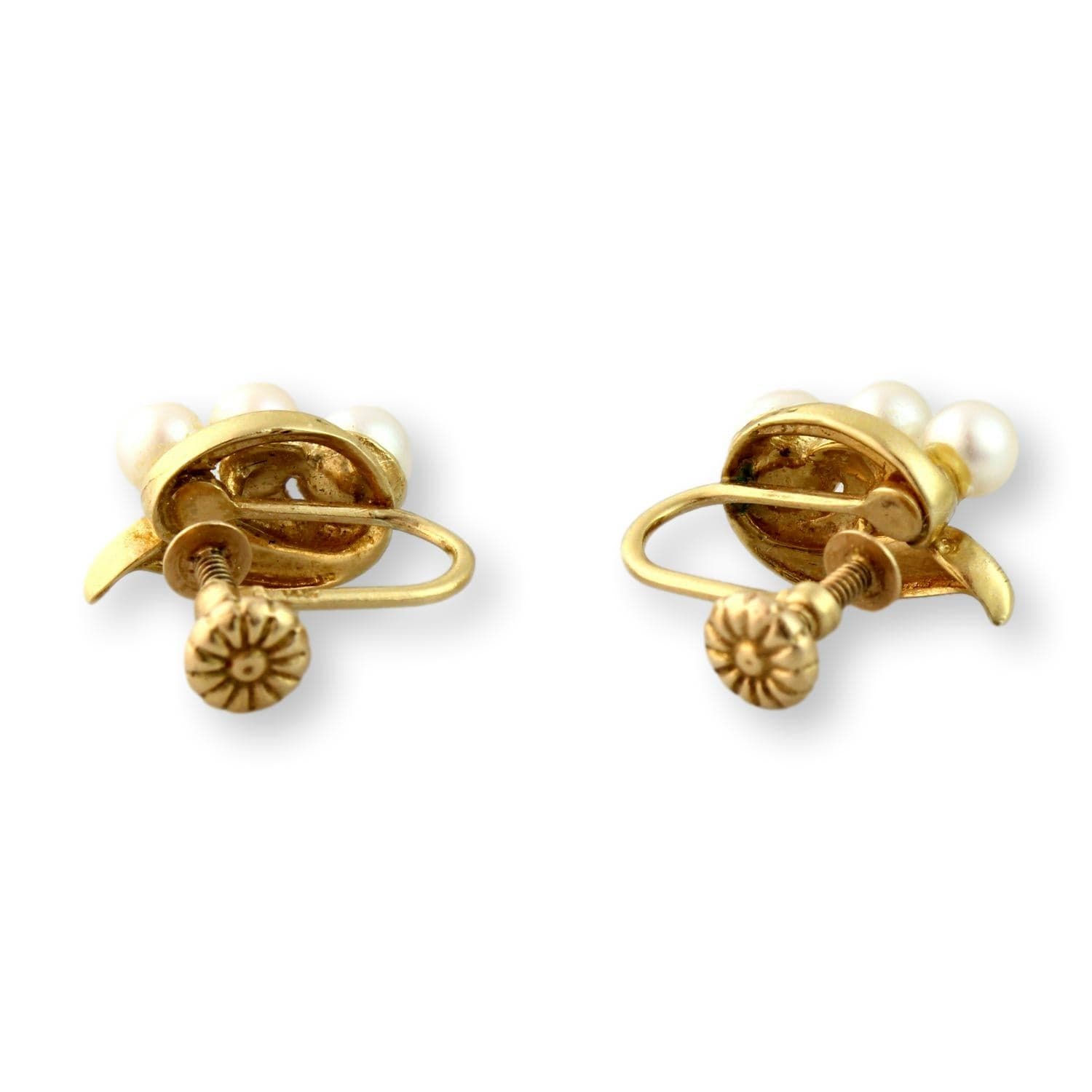 Three-Pearl Mid-Century Screwback Earrings 14K Two-Tone Finish Gold - Thumbnail 5