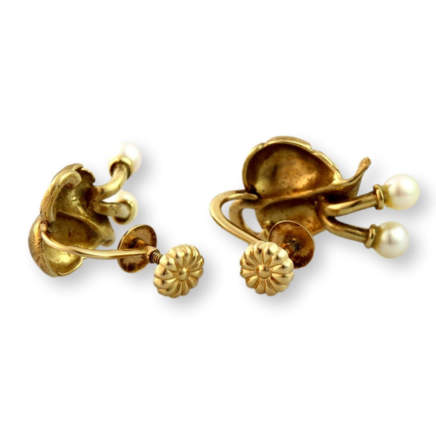 Two-Pearl Mid-Century Screwback Earrings 14K Two-Tone Finish Gold - Thumbnail 4