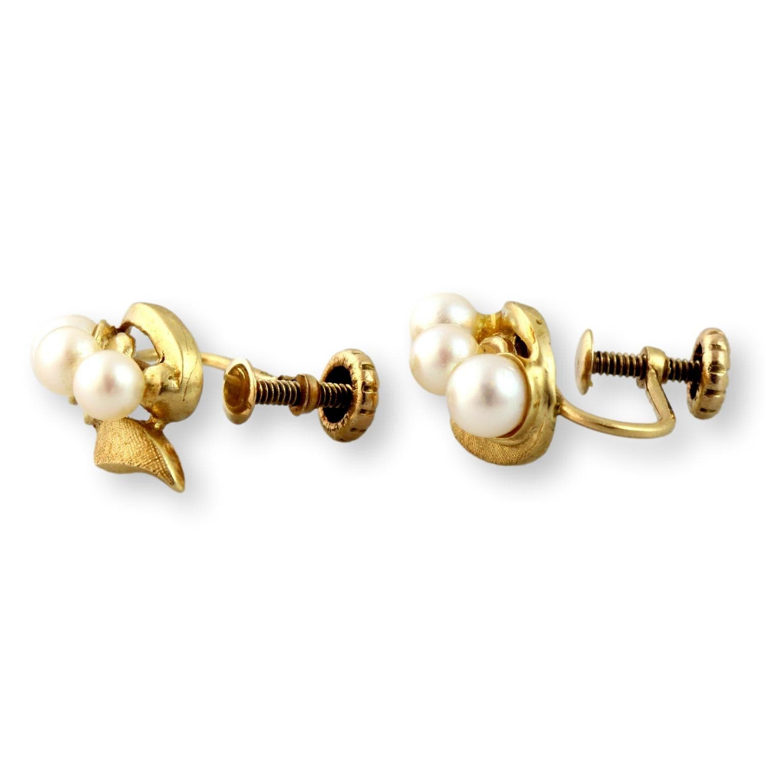 Three-Pearl Mid-Century Screwback Earrings 14K Two-Tone Finish Gold - Thumbnail 4