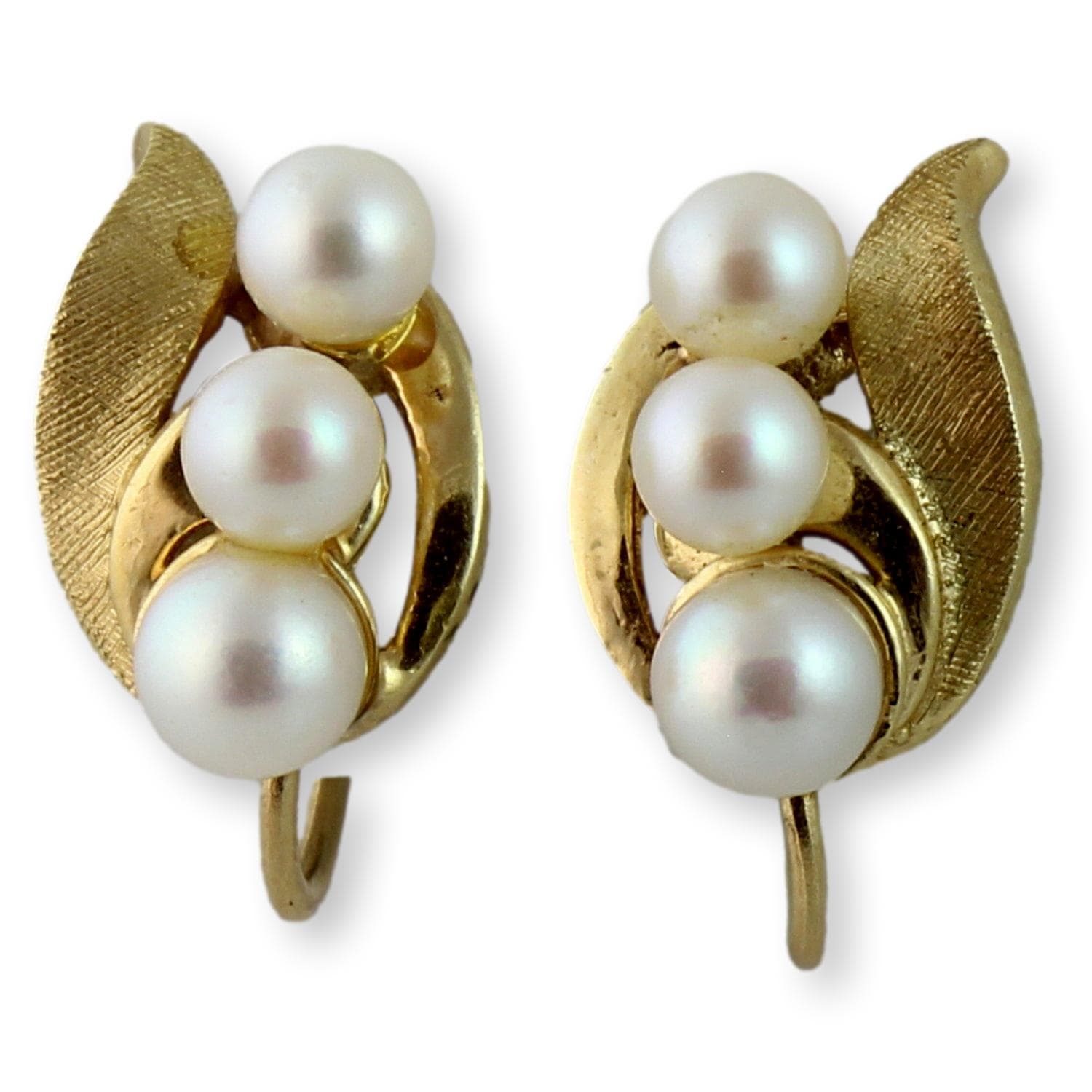 Three-Pearl Mid-Century Screwback Earrings 14K Two-Tone Finish Gold - Image 1