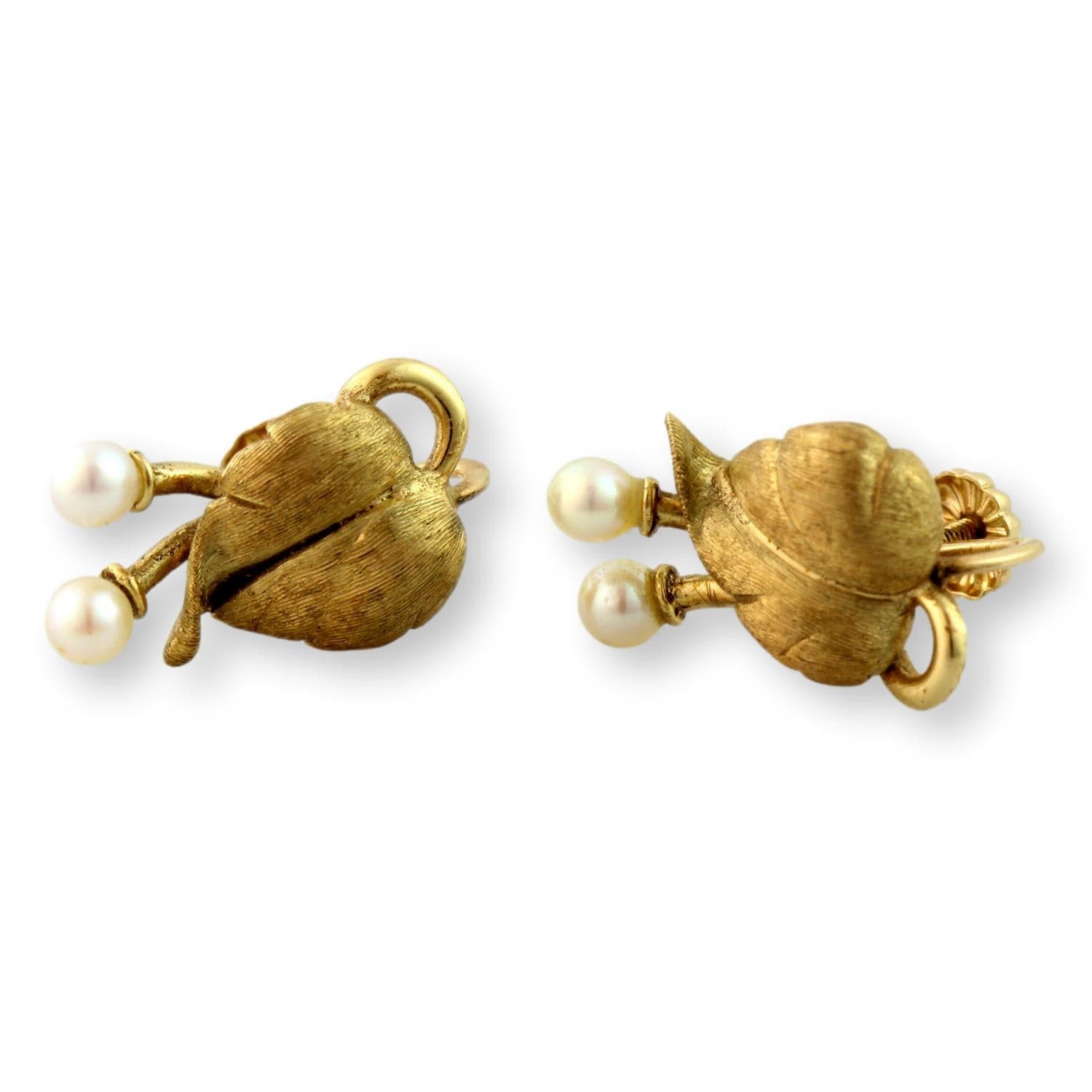 Two-Pearl Mid-Century Screwback Earrings 14K Two-Tone Finish Gold - Thumbnail 3