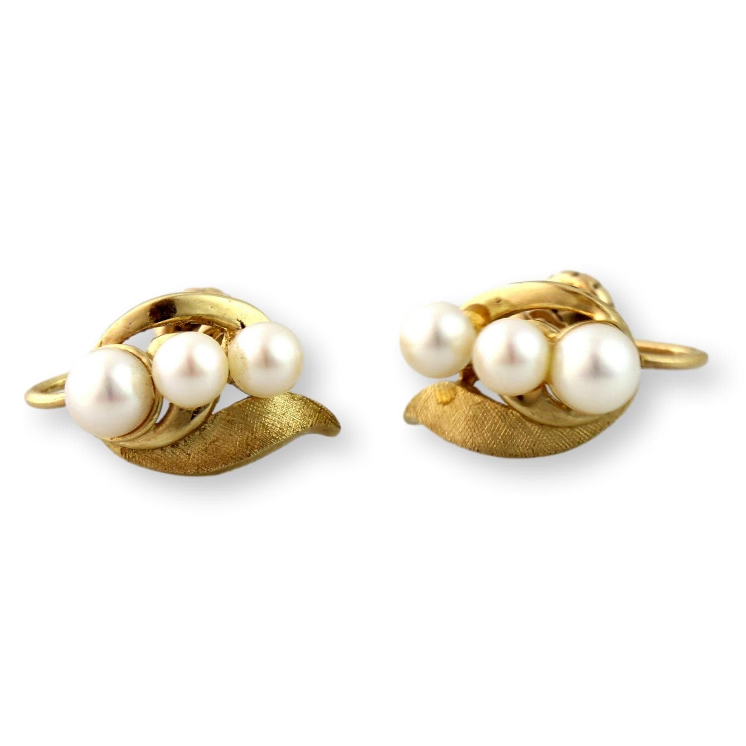 Three-Pearl Mid-Century Screwback Earrings 14K Two-Tone Finish Gold - Thumbnail 3
