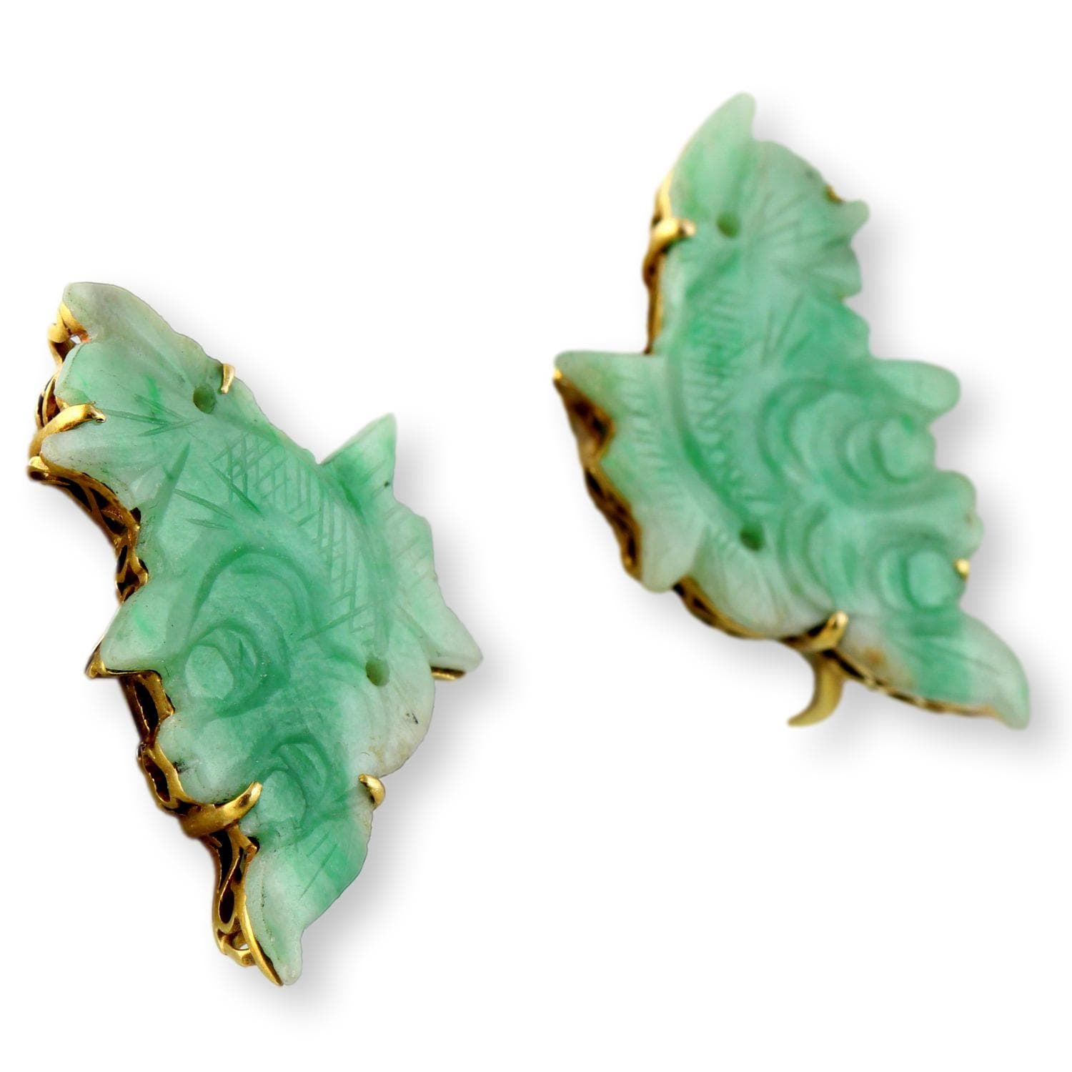 Vintage Carved Translucent Green White Jadeite Jade Fish Earrings|14K Gold Screwbacks - 1 inch - Thumbnail 2