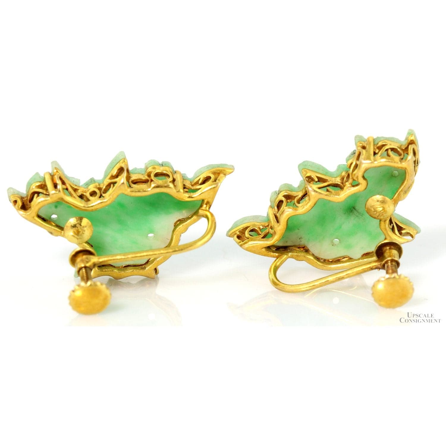 Vintage Carved Translucent Green White Jadeite Jade Fish Earrings|14K Gold Screwbacks - 1 inch - Thumbnail 4
