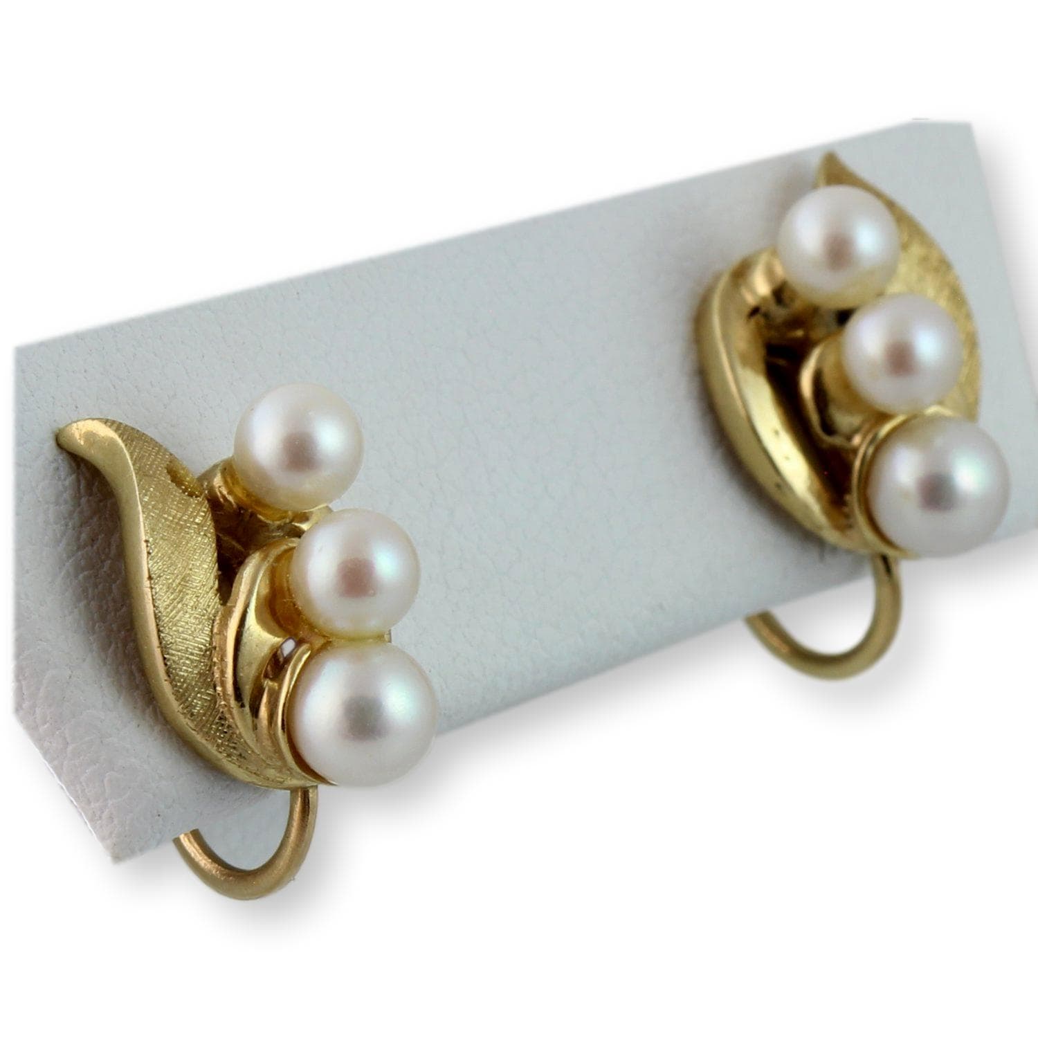Three-Pearl Mid-Century Screwback Earrings 14K Two-Tone Finish Gold - Thumbnail 2