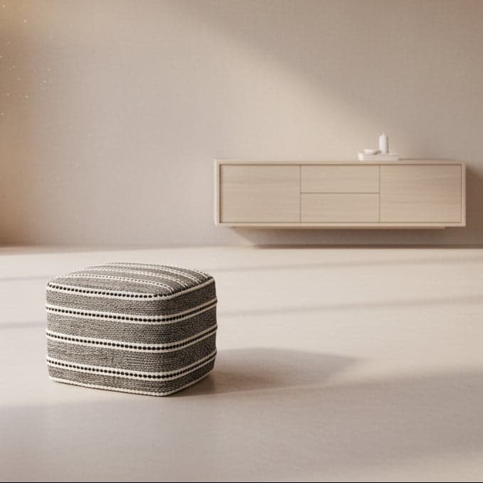 Corrie Boho Woven Pouf in Navy and White Recycled PET Polyester FFW-855 - Image 1