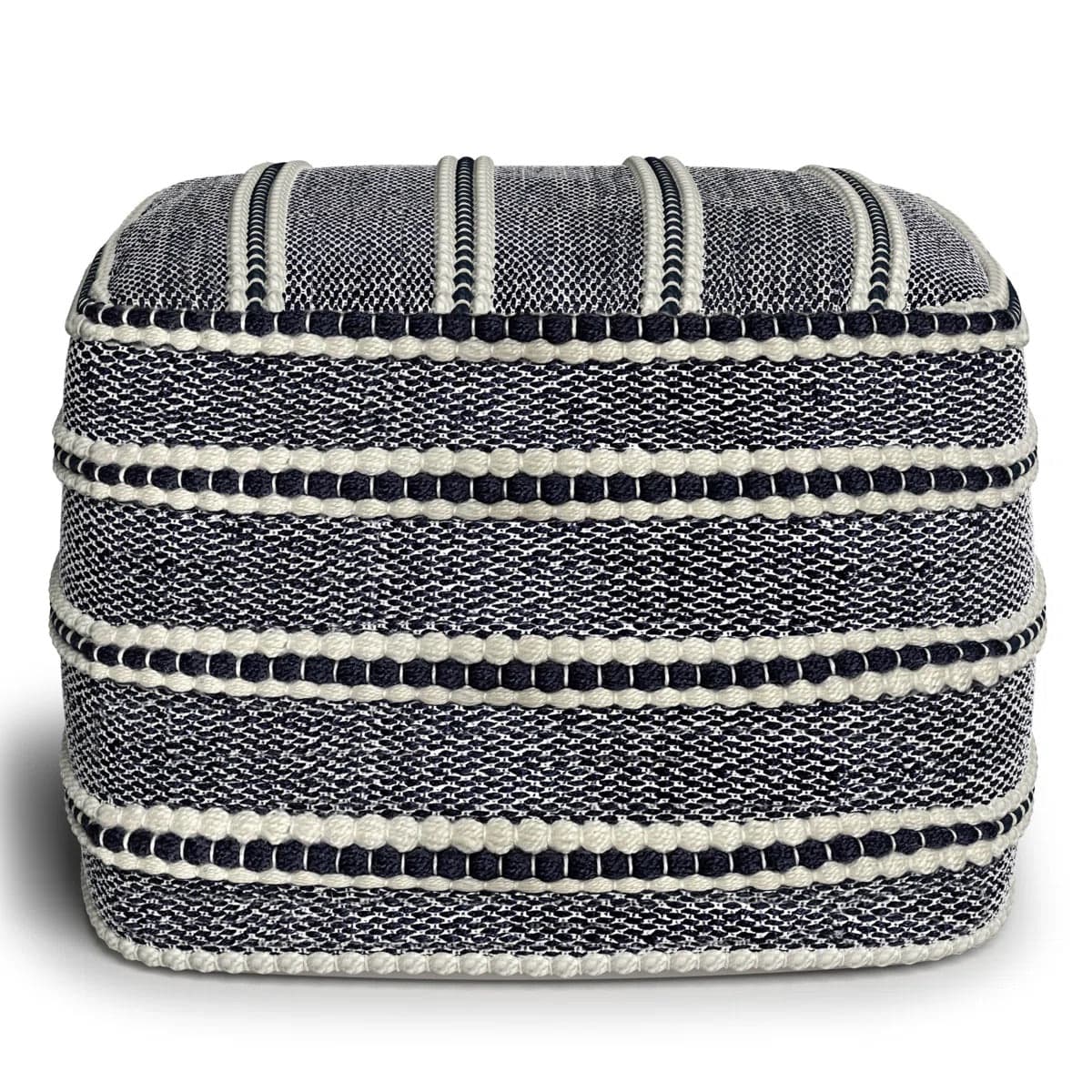 Corrie Boho Woven Pouf in Navy and White Recycled PET Polyester FFW-855 - Thumbnail 2