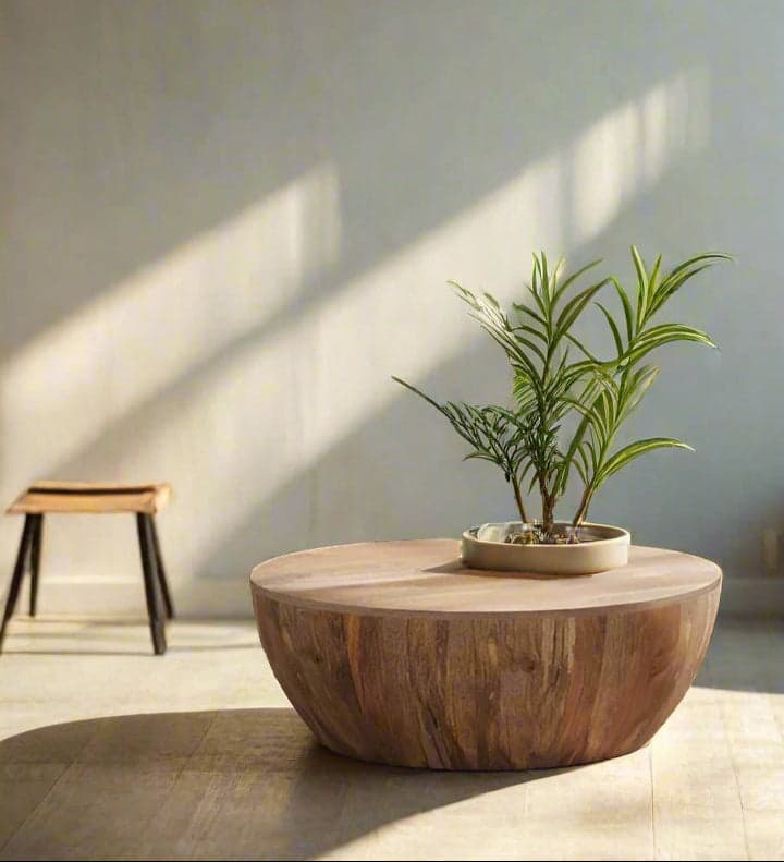 DISPOSE- Elmbrook SOLID MANGO WOOD 34 inch Wide Round Modern Industrial Drum Coffee Table in Natural, Fully Assembled FFW-1001 - Image 1