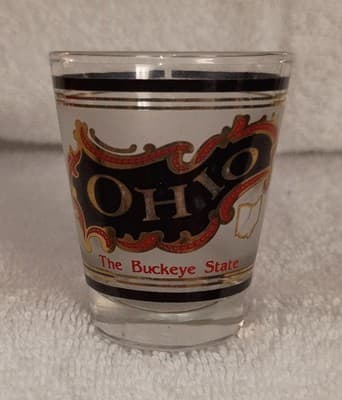 Ohio Buckeye State Clear Gold Black Red Shot Glass Painted Decorated Barware - Image 1
