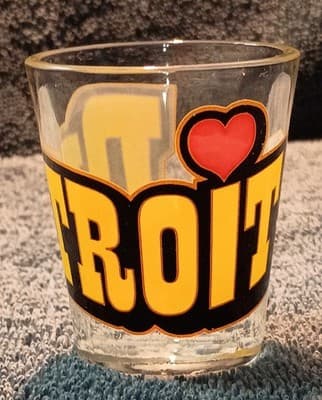 Vintage 1980's Detroit Heart Design Clear Glass Shot Glass Painted Barware - Thumbnail 2