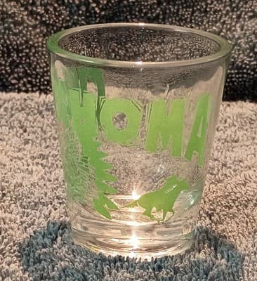 Oklahoma Clear Shot Glass Green Painted Design Vintage 1980's - Thumbnail 2