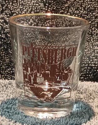 Pittsburgh Skyline Painted Clear Glass Shot Glass Gold Rim Vintage 1980's (RARE) - Image 1