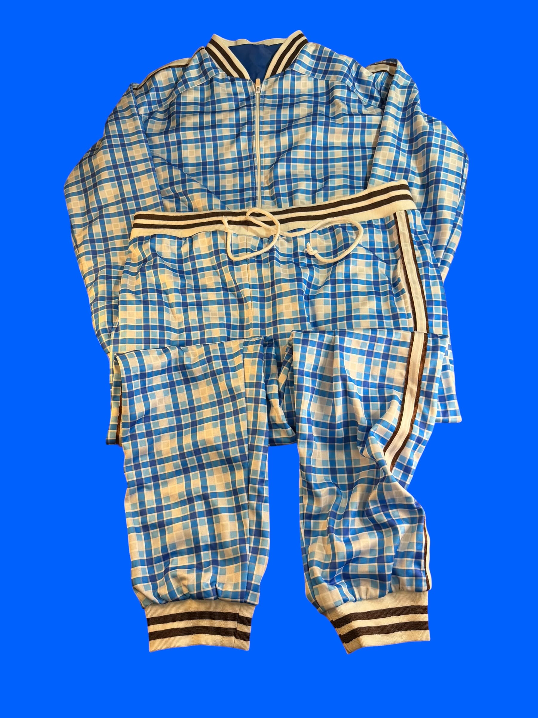 Vintage Plaid Track Suit Set Jacket Pants Blue White Y2K Retro Athletic XL - Image 1