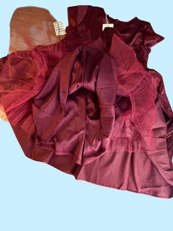 Joyfolie Lorelei Satin Tiered Ruffle Dress in Burgundy Size 12 - Thumbnail 7