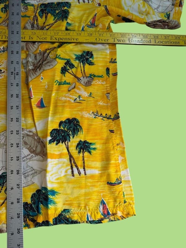 Vintage Ocean Pacific OP Yellow Rayon Hawaiian shirt Men's XL Globe Palm Trees - Thumbnail 3