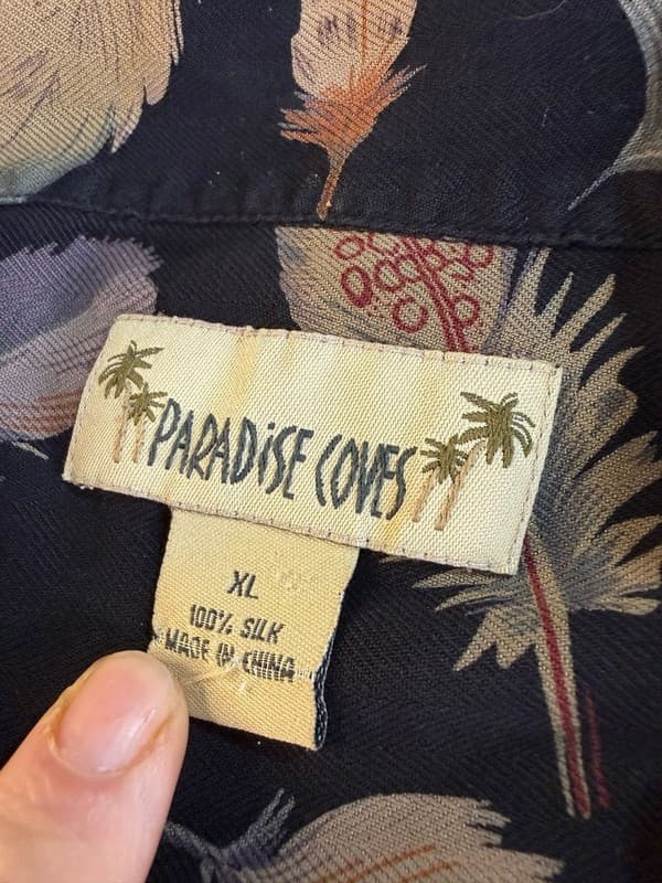 Paradise Coves 100% Silk Black Feather Print Hawaiian Short Sleeve Shirt XL - Thumbnail 3