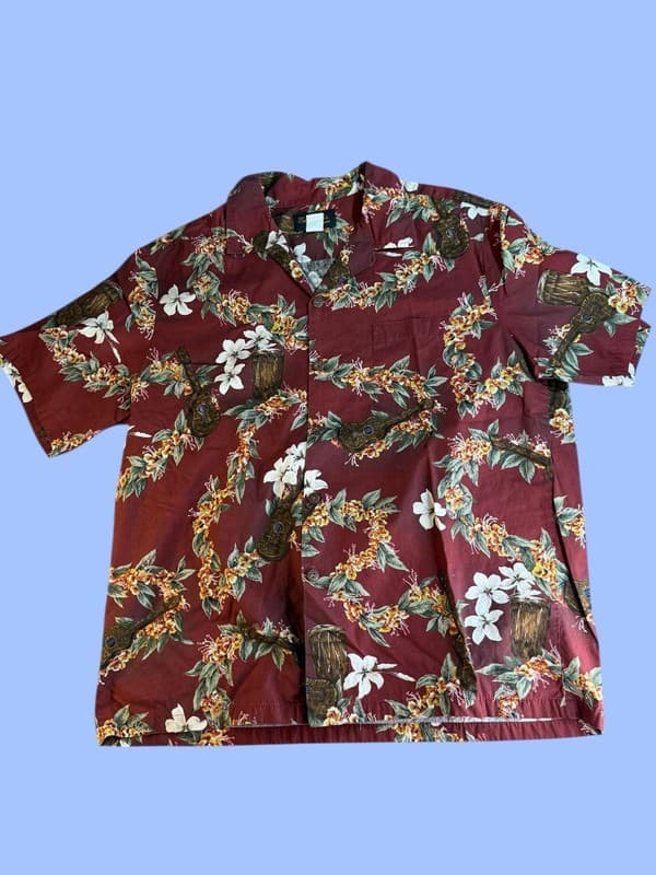 Vintage Bishop St. Apparel Men's XL Hawaiian Shirt Ukulele Floral Print Red - Image 1