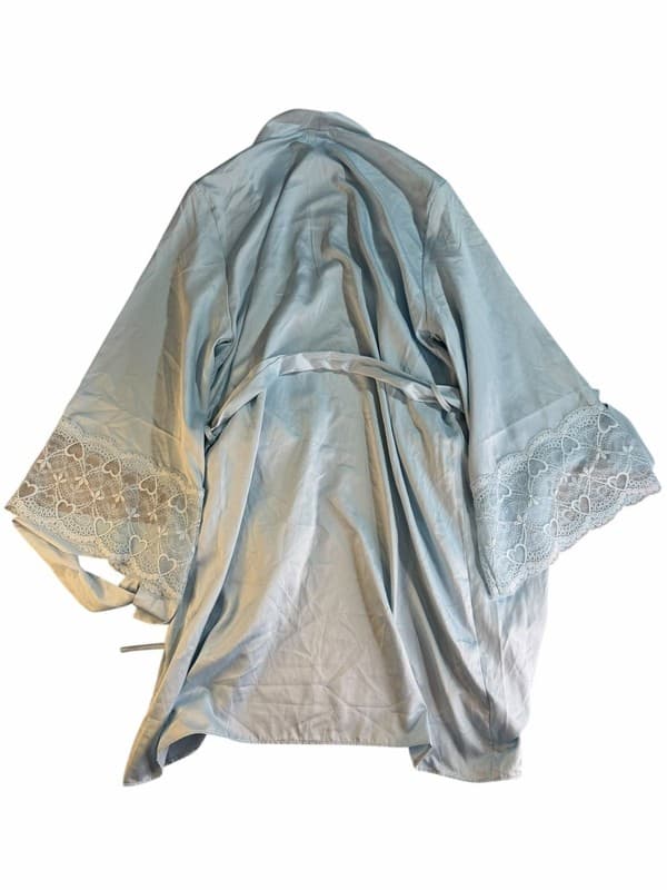 Flora Nikrooz Genevive Lace-Trim Satin Kimono Robe in Ice Flow S//M - Thumbnail 2