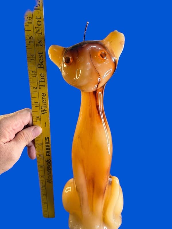Vintage 16 Inch Mid-Century Modern Tall Amber Cat Candle with Plastic Eyes - Image 1