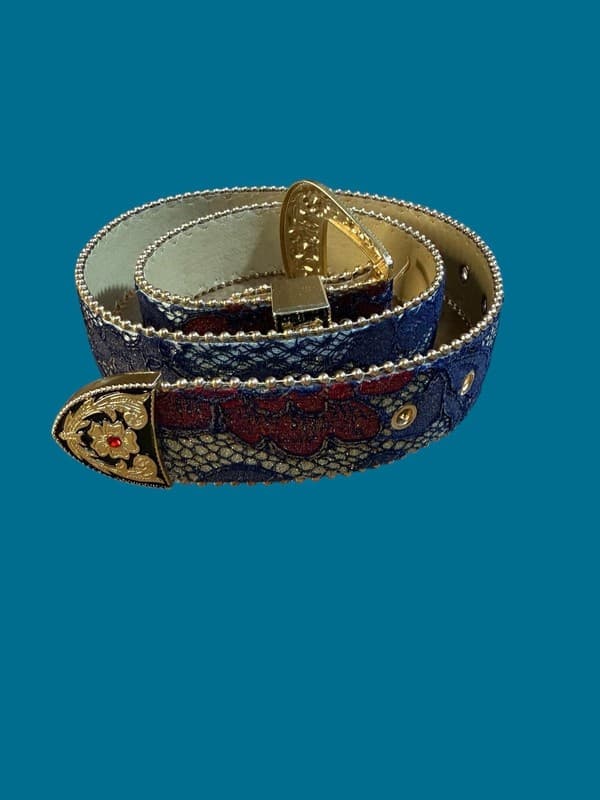 Western Style Floral Lace Beaded Edge Belt with Rhinestone Buckle 30” - Image 1