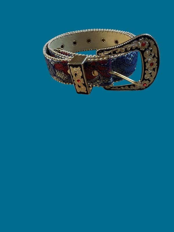Western Style Floral Lace Beaded Edge Belt with Rhinestone Buckle 30” - Thumbnail 2