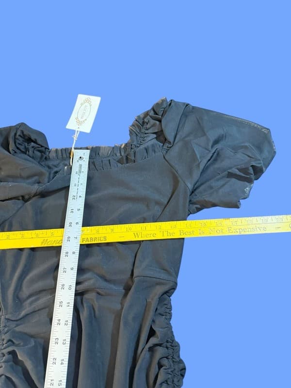 Joyfolie Mia Joy Black Ruched Mesh Puff Sleeve Bodycon Mini Dress S - Thumbnail 6