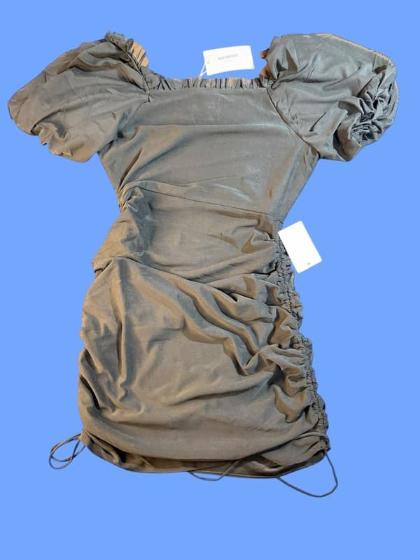 Joyfolie Mia Joy Black Ruched Mesh Puff Sleeve Bodycon Mini Dress S - Thumbnail 2