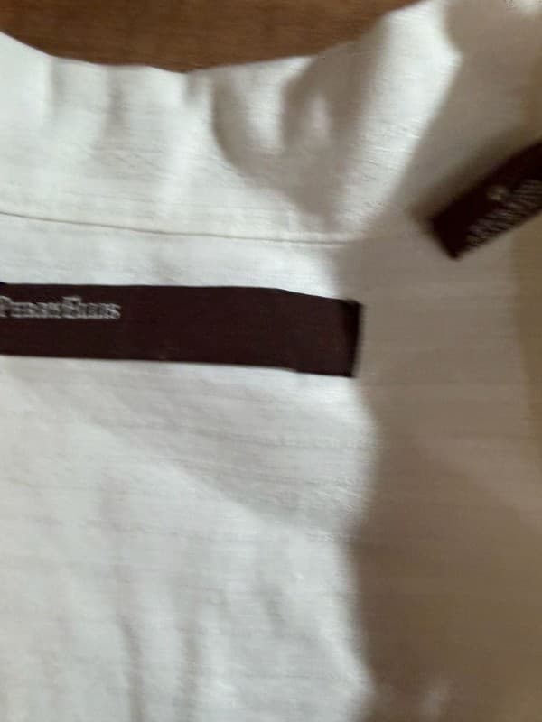 Perry Ellis Men's Large White Textured Stripe Short Sleeve Linen Blend Shirt - Thumbnail 2