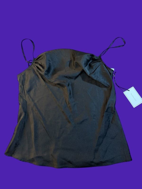 1.STATE Black Satin Cowl Neck Lace Trim Cami Top Medium - Image 1