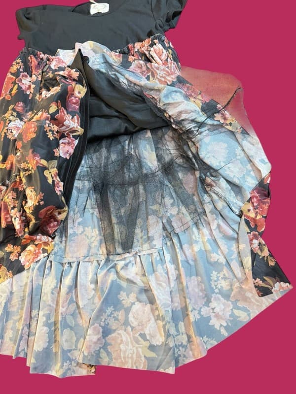 Joyfolie Mia Joy Lorelei High Low Tiered Mesh Dress in Off Black Floral Size 12 - Thumbnail 8